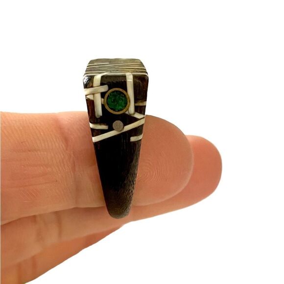One of a Kind Hand crafted Wood Ring, Green/White Inlays - Picture 7 of 8